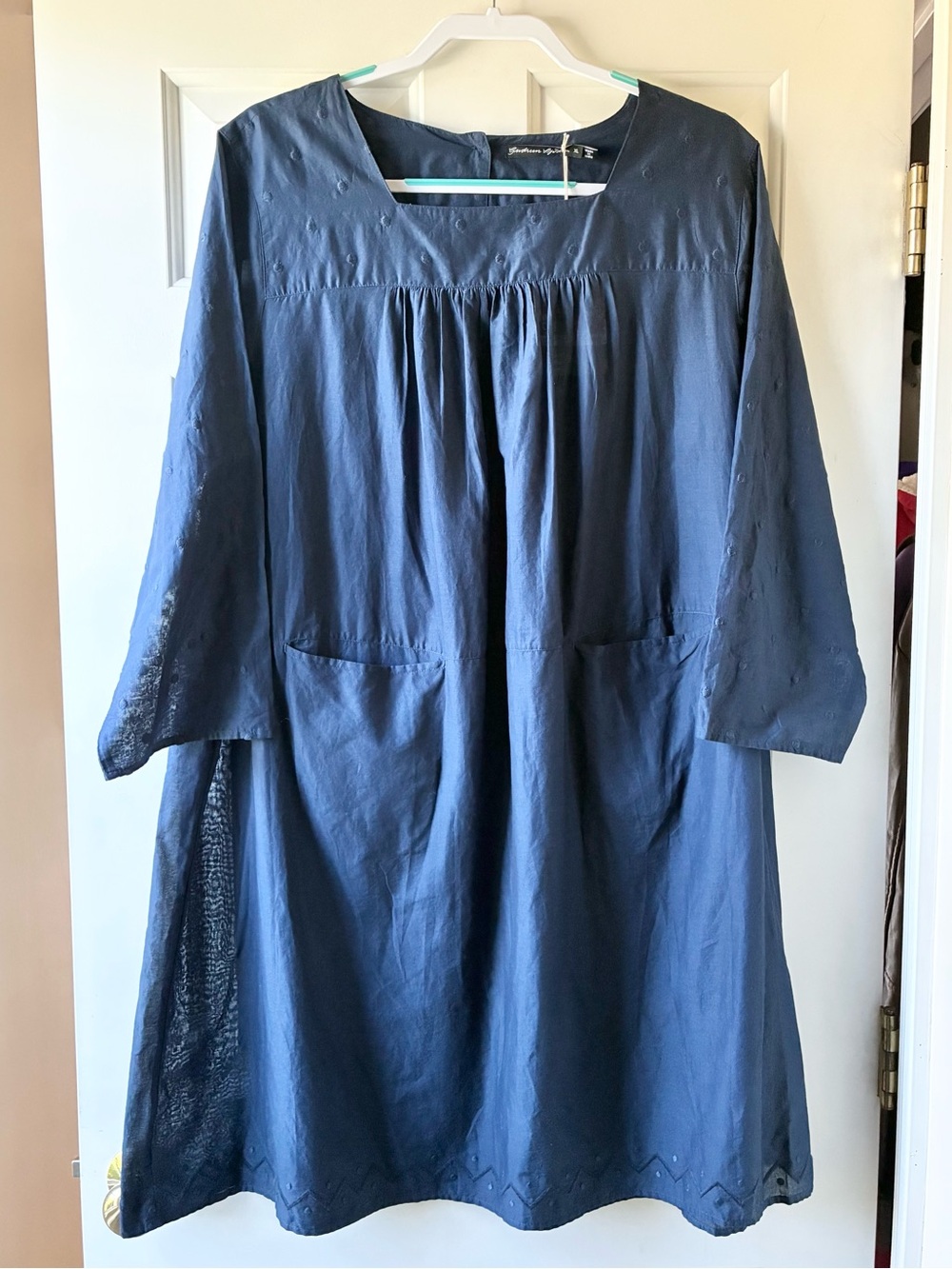 Gudrun Sjoden Woven Cotton Midi Dress Long Sleeve Navy Blue Size XL NWT